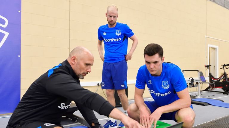 HALEWOOD, ENGLAND - JULY 4: (EXCLUSIVE COVERAGE) Davy Klaassen (C) and Michael Keane (R) of Everton during a pres season traiing session at USM Finch Farm 
