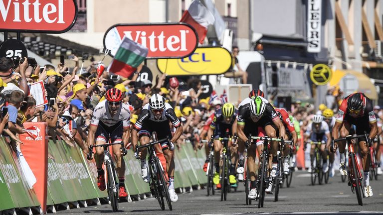 Australia's Michael Matthews (second left) sprints to win ahead of Norway's Edvald Boasson Hagen (second right)