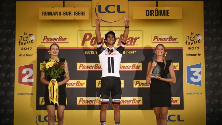 Michael Matthews celebrates after winning stage 16 of the Tour de France