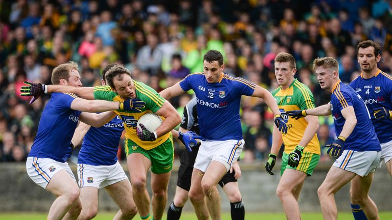 Michael Murphy of Donegal  in action against Padraig McCormack of Longford during the GAA Football All-Ireland Senior Championship Round 2A match