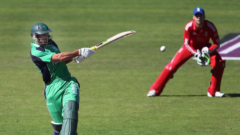 Ireland's Max Sorensen (L) hits a six during a one-day international (ODI) cricket match between Ireland and England at Malahide Cricket Club in Malahide, 
