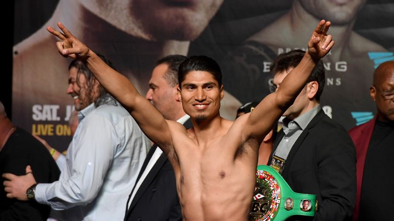 Mikey Garcia gestures to the crowd during his official weigh-in at MGM Grand Garden Arena on January 27, 2017 in Las Vegas.