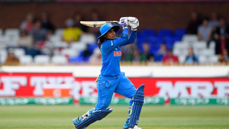 DERBY, ENGLAND - JUNE 24:  India batsman Mithali Raj hits out during the ICC Women's World Cup 2017 match between England and India at The 3aaa County Grou
