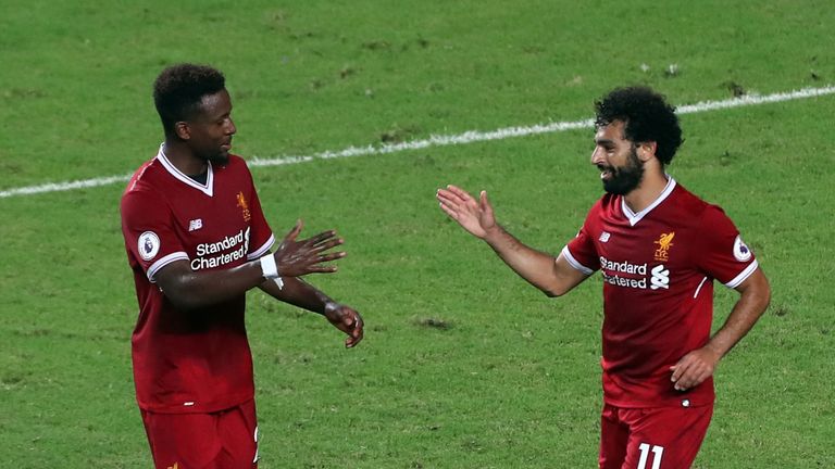 HONG KONG - JULY 22: Mohamed Salah of Liverppol celebrates with Divock Origi after scoring during the Premier League Asia Trophy match between Liverpool FC