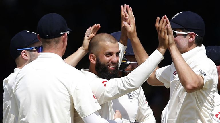 Moeen Ali celebrates his 100th wicket in his 38th Test