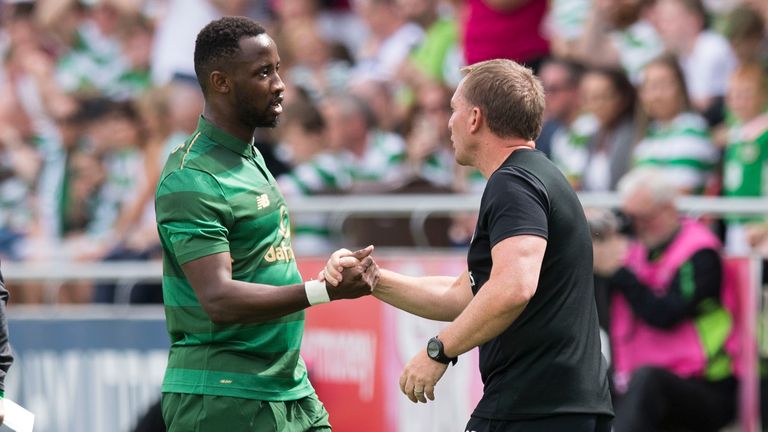 Celtic manager Brendan Rodgers (right) with Moussa Dembele as he is substituted against Shamrock Rovers