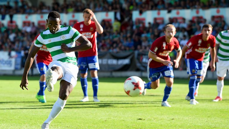 Moussa Dembele scores from the penalty spot during Celtic's pre-season draw with Rapid Vienna. 