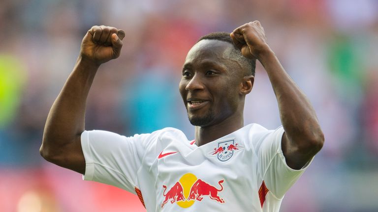 Leipzig's Guinean midfielder Naby Keita celebrates after scoring the 4-0 during the German first division Bundesliga football match between RB Leipzig and 