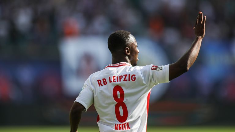 LEIPZIG, GERMANY - APRIL 01: Naby Keita celebrates after scoring a goal to make it 1-0  the Bundesliga match between RB Leipzig and SV Darmstadt 98