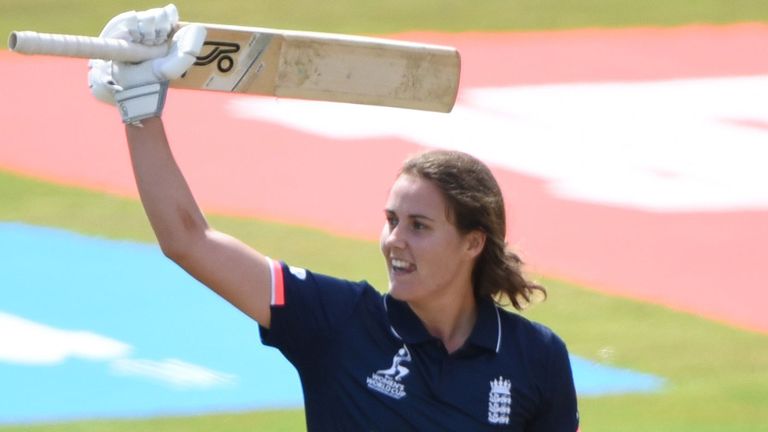 Natalie Sciver celebrates her second ICC Women's World Cup century