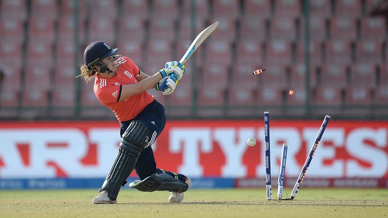 DELHI, INDIA - MARCH 30:  Natalie Sciver of England is bowled by Ellyse Perry of Australia during the Women's ICC World Twenty20 India 2016 Semi Final betw