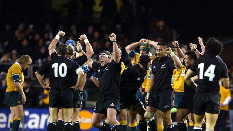 NEW ZEALAND - AUGUST 16:  The All Blacks go up th celebrate their win in the rugby test match between the All Blacks and Australia played at Eden Park, Sat