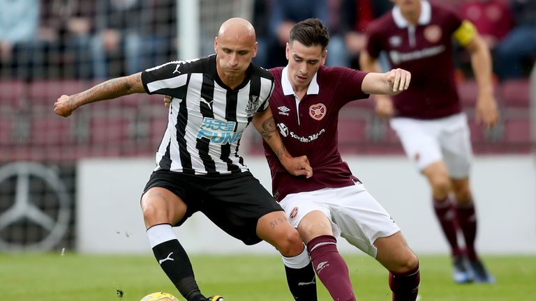 Hearts' Jamie Walker (right) and Newcastle's Jonjo Shelvey battle for the ball during the pre-season friendly at Tynecastle Stadium, Edinburgh.