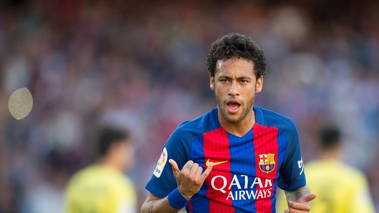 Neymar of FC Barcelona celebrates after scoring his team's opening goal during of the La Liga match between FC Barcelona and Villarreal 