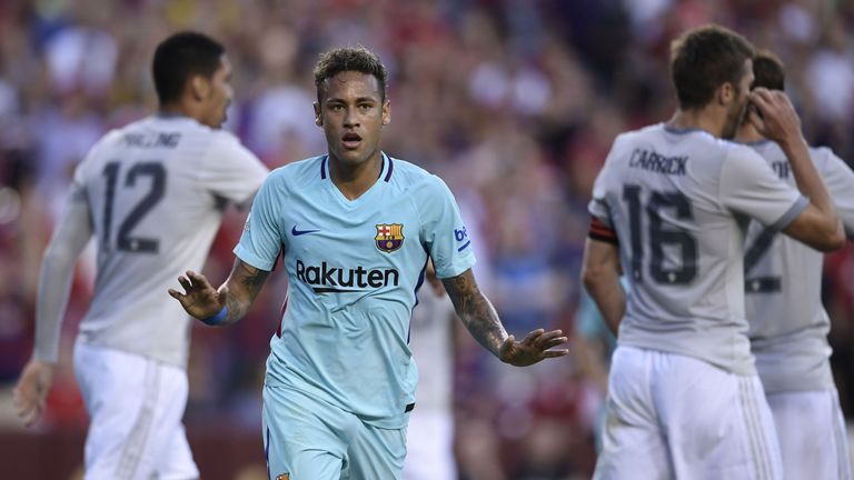 Neymar of Barcelona gestures after scoring during their International Champions Cup (ICC) football match against Manchester United on July 26, 2017 at the 