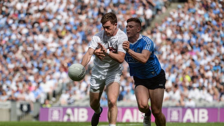 Niall Kelly of Kildare in action against John Small of Dublin during the Leinster GAA Football Senior Championship Final match between Dublin and Kildare