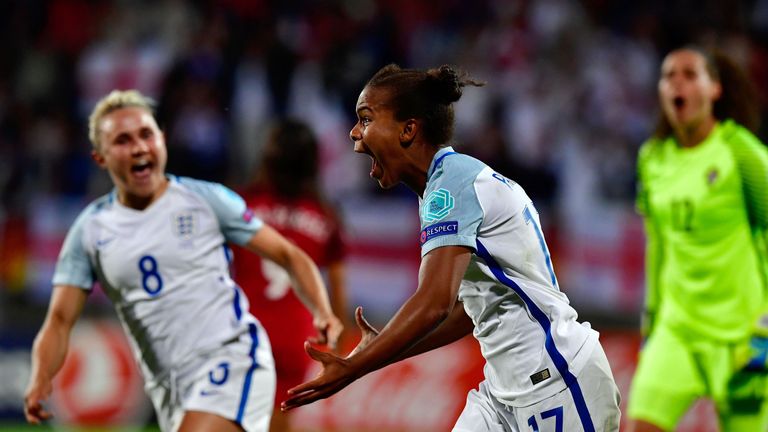 England forward Nikita Parris reacts after scoring against Portugal 