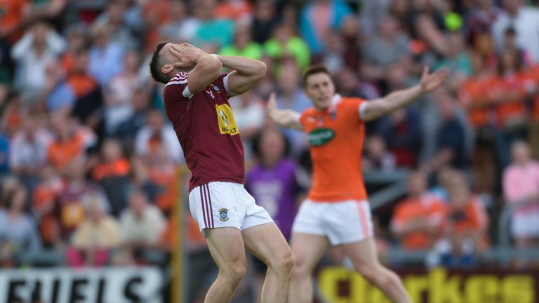Noel Mulligan of Westmeath reacts after kicking a wide during the GAA Football All-Ireland Senior Championship Round 2B match