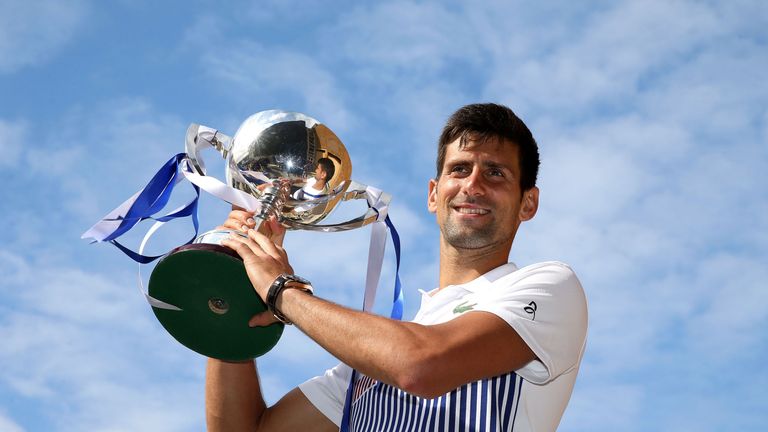 Novak Djokovic celebrates his win in Eastbourne