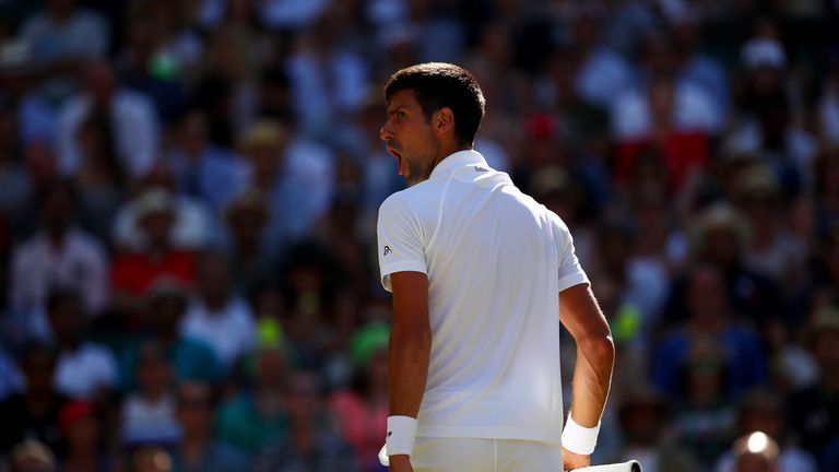 LONDON, ENGLAND - JULY 08:  Novak Djokovic of Serbia reacts during the Gentlemen's Singles third round match against Ernests Gulbis of Latvia on day six of
