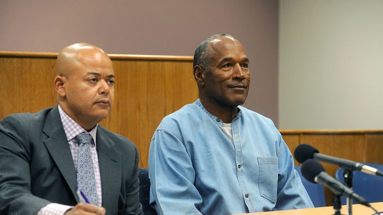 O.J. Simpson (R) attends his parole hearing at Lovelock Correctional Center