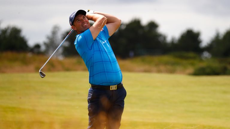 TROON, SCOTLAND - JULY 14:  Padraig Harrington of Ireland hits his second shot on the 9th hole during day two of the AAM Scottish Open at Dundonald Links G