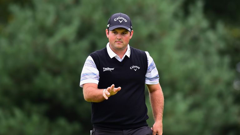 HAMBURG, GERMANY - JULY 27:  Patrick Reed of the United States celebrates sinking his putt on the 13th green during the Porsche European Open - Day One at 