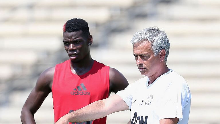 Paul Pogba and Jose Mourinho during a first-team training session on Manchester United's pre-season tour of the United States