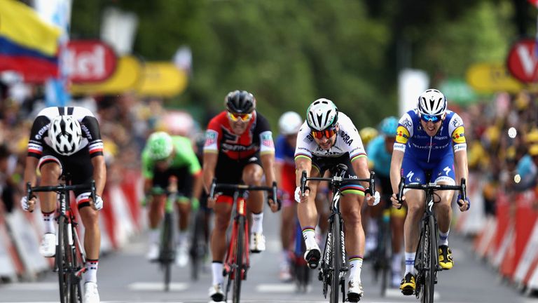 LONGWY, FRANCE - JULY 03: Peter Sagan of Slovakia and team Bora-Hansgrohe celebrates as he crosses the line to win stage 3 of the 2017 Tour de France, a 21