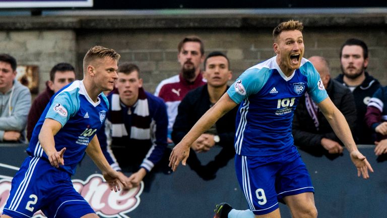 Peterhead's Jason Brown (left) celebrates putting his side ahead with Rory McAllister