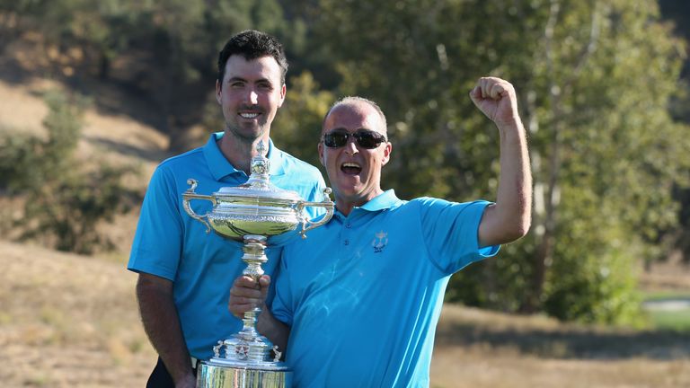 SAN MARTIN, CA - SEPTEMBER 20:  Captain Jon Bevan (C)  poses with the Llandudno Trophy and player Niall Kearney after his Great Britain & Ireland team defe