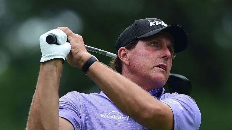 WHITE SULPHUR SPRINGS, WV - JULY 07:  Phil Mickelson tees off the 14th hole during round two of The Greenbrier Classic held at the Old White TPC on July 7,