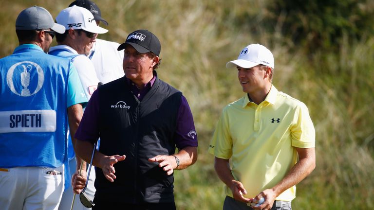SOUTHPORT, ENGLAND - JULY 18:  Phil Mickelson of the United States (L) chats with Jordan Spieth of the United States during a practice round prior to the 1