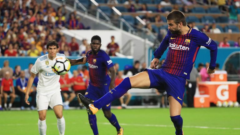 MIAMI GARDENS, FL - JULY 29:  Gerard Pique #3 of Barcelona scores a goal in the second half against Real Madrid during their International Champions Cup 20
