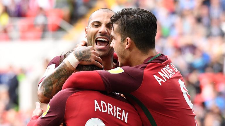 (L-R) Portugal's forward Ricardo Quaresma, Portugal's midfielder Adrien Silva and Portugal's forward Andre Silva celebrate their second goal during the 201