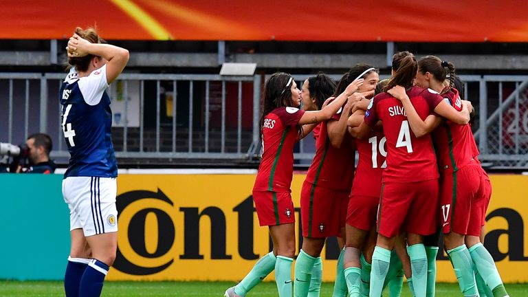 Portugal celebrate after scoring against Scotland