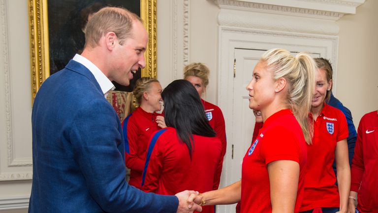 LONDON, ENGLAND - JULY 13:  Prince William, Duke of Cambridge meets England Women football team captain Steph Houghton during a reception for the England W
