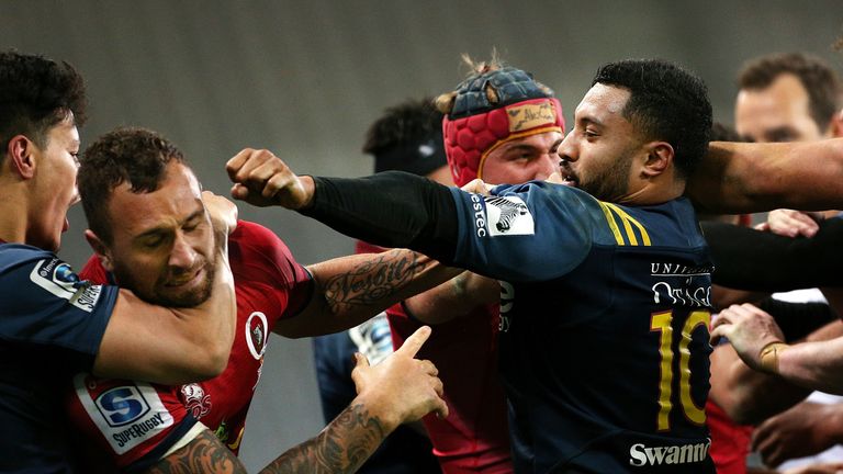 An altercation breaks out between Quade Cooper and Lima Sopoaga during the match