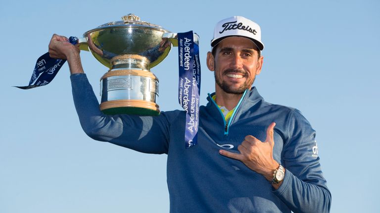 Rafa Cabrera Bello celebrates after winning the Aberdeen Asset Management Scottish Open