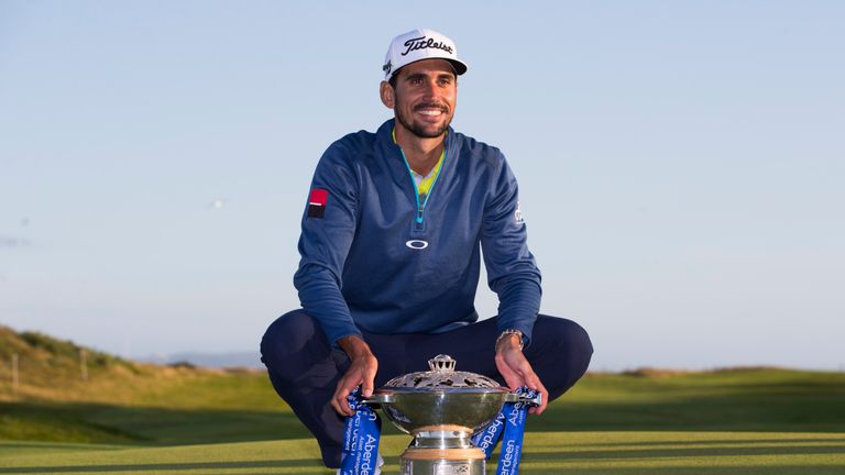 Rafa Cabrera Bello celebrates after winning the Aberdeen Asset Management Scottish Open