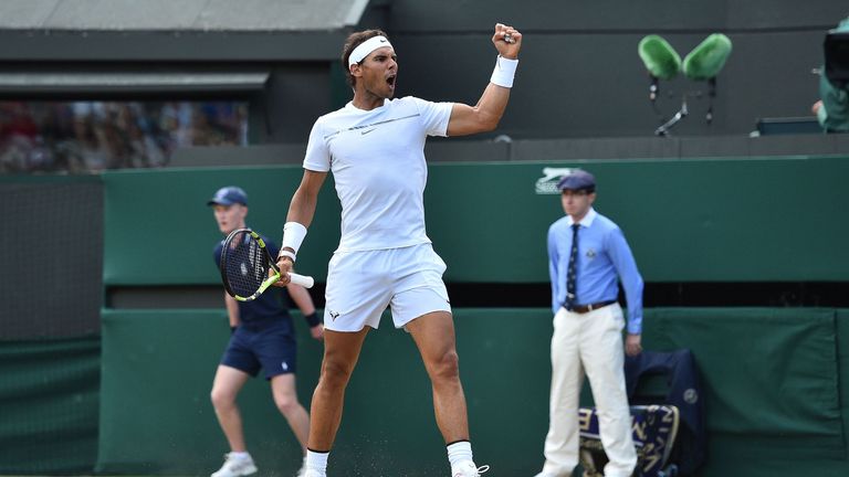 Spain's Rafael Nadal reacts after going 1-1 in the fifth set against Luxembourg's Gilles Muller during their men's singles fourth round match on the sevent