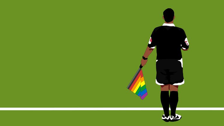 Assistant referee / linesman with rainbow flag (Illustration: Steve Welsh, miniboro.com)
