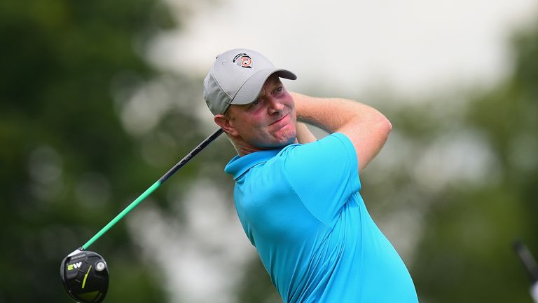 HAMBURG, GERMANY - JULY 27:  Richard McEvoy of England plays his first shot on the 9th tee during the Porsche European Open - Day One at Green Eagle Golf C