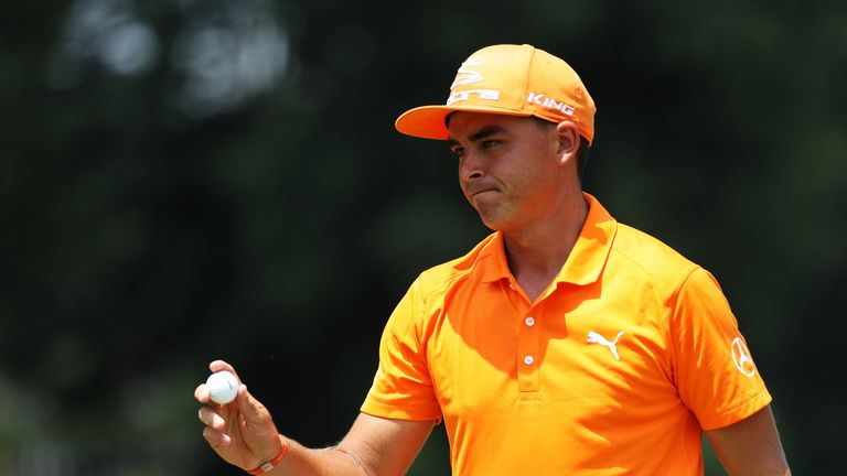 POTOMAC, MD - JULY 02:  Rickie Fowler of the United States reacts on the seventh green during the final round of the Quicken Loans National on July 2, 2017