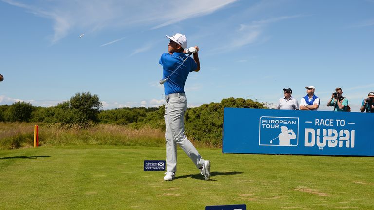 TROON, SCOTLAND - JULY 12:  Rickie Fowler of USA takes part in the left handed challenge on the 11th hole during the AAM Scottish Open Pro Am at Dundonald 