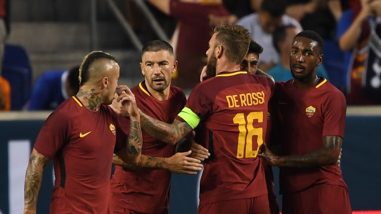 A.S. Roma players celebrate a goal during their International Champions Cup (ICC) football match between Tottenham and A.S. Roma on July 25, 2017 at Red Bu