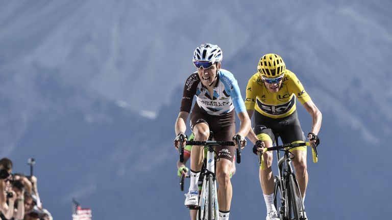 Romain Bardet (L) and Chris Froome sprint for the line