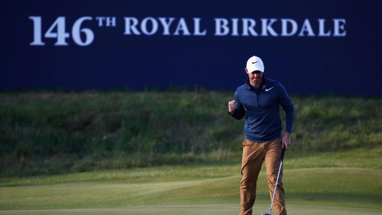 SOUTHPORT, ENGLAND - JULY 20:  Rory McIlroy of Northern Ireland reacts to a birdie putt on the 18th green during the first round of the 146th Open Champion