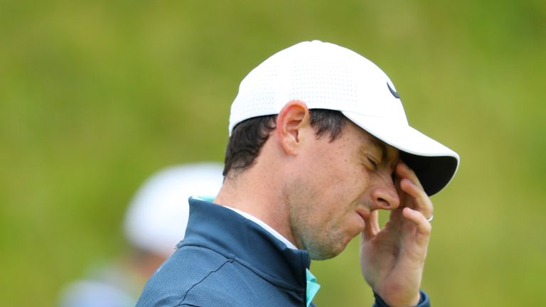 Rory McIlroy of Northern Ireland reacts to a putt on the 8th green during day two of the Dubai Duty Free Irish Open