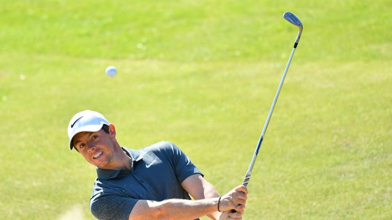 SOUTHPORT, ENGLAND - JULY 17:  Rory McIlroy of Northern Ireland hits a bunker shot during a practice round prior to the 146th Open Championship at Royal Bi